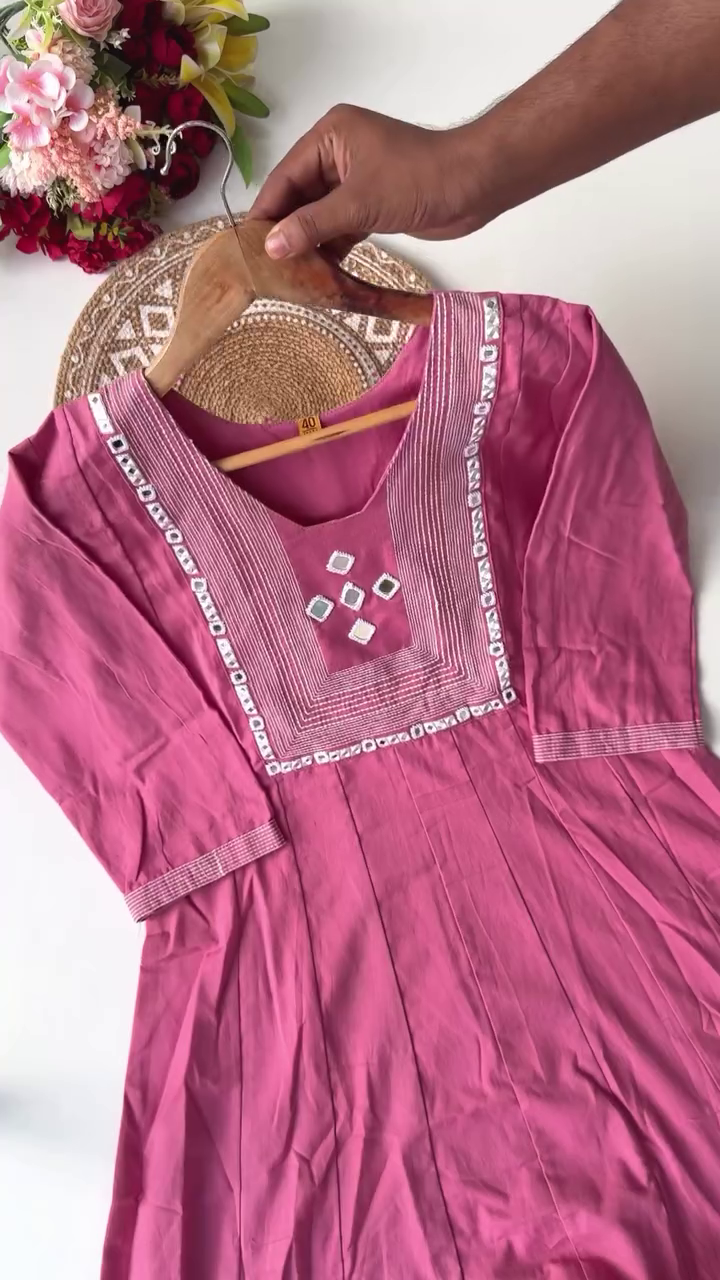 Elegant Embroidered Cotton Kurtis in Mustard and Pink with Beaded Neckline Detailing – Perfect for Everyday Wear