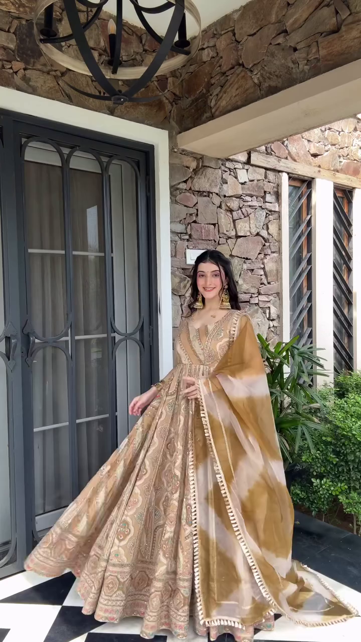 Majestic Beige and Gold Anarkali Gown with Intricate Embroidery and a Flowing Dupatta, Perfect for Formal and Festive Occasions