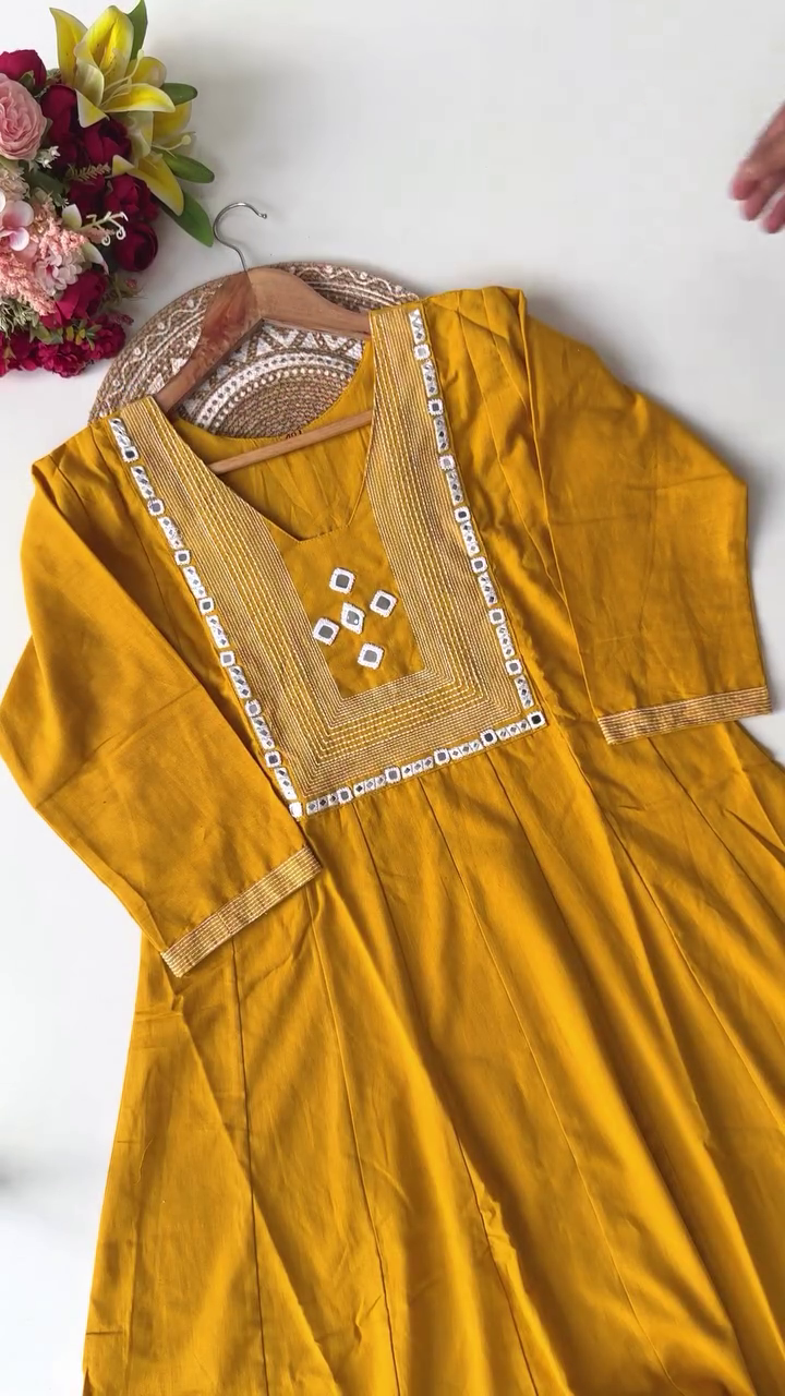 Elegant Embroidered Cotton Kurtis in Mustard and Pink with Beaded Neckline Detailing – Perfect for Everyday Wear
