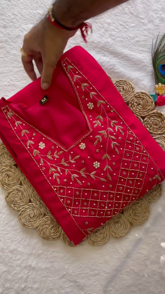 Vibrant Rani Pink Straight-Cut Kurta Set with Detailed Thread and Sequin Embroidery – Paired with a Floral Organza Dupatta for a Bold Yet Graceful Traditional Look