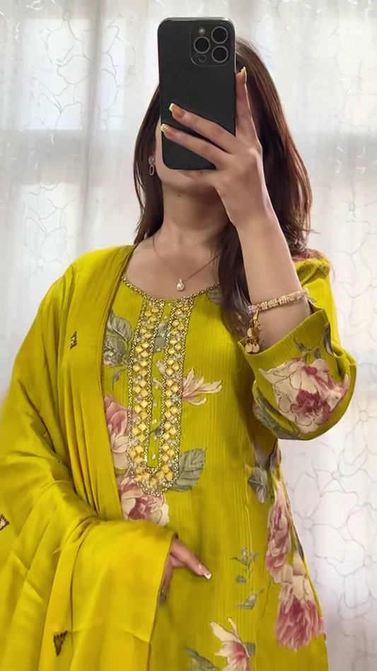 Vibrant Yellow Floral Embroidered Kurta with Elegant Beaded Detailing and a Flowing Dupatta, Perfect for Casual and Festive Occasions