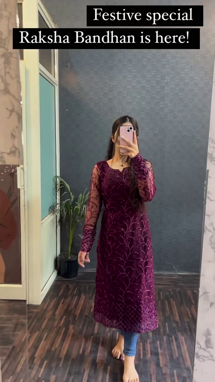 Festive Special Raksha Bandhan Outfit – Elegant Purple Velvet Dress with Intricate Embroidery and Sheer Sleeves