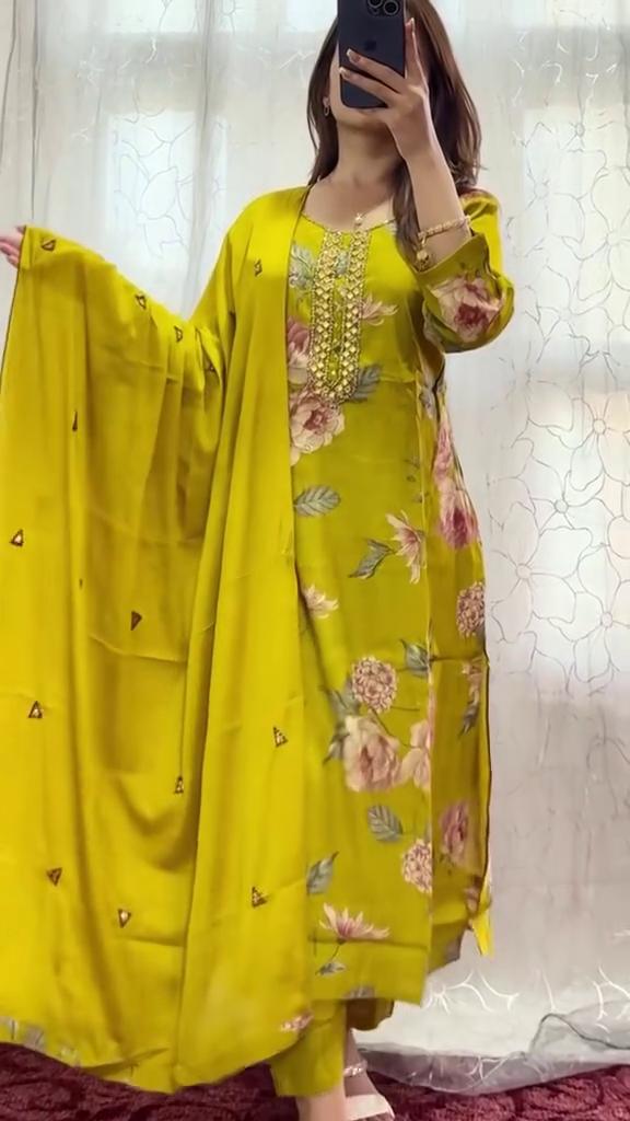 Vibrant Yellow Floral Embroidered Kurta with Elegant Beaded Detailing and a Flowing Dupatta, Perfect for Casual and Festive Occasions