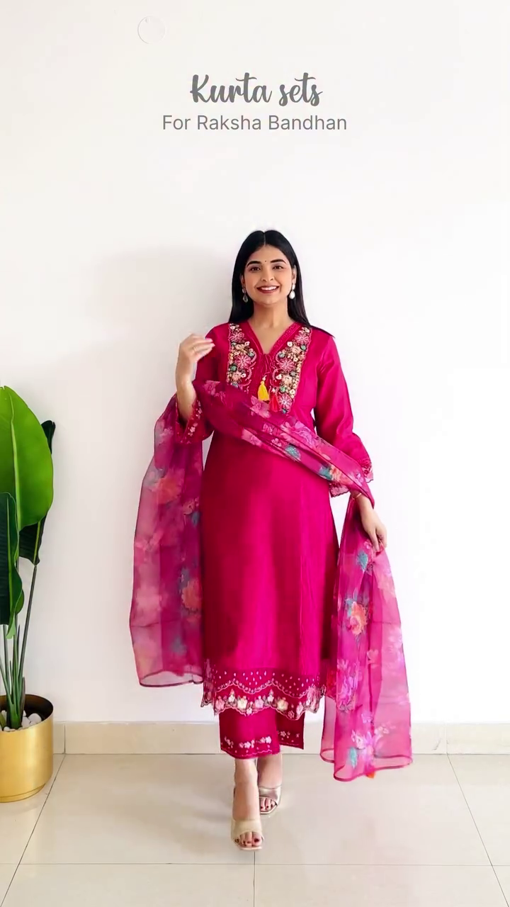Beautiful Pink Kurta Set for Raksha Bandhan with Floral Embroidery and Elegant Chiffon Dupatta, Perfect for Celebrating the Festival in Style