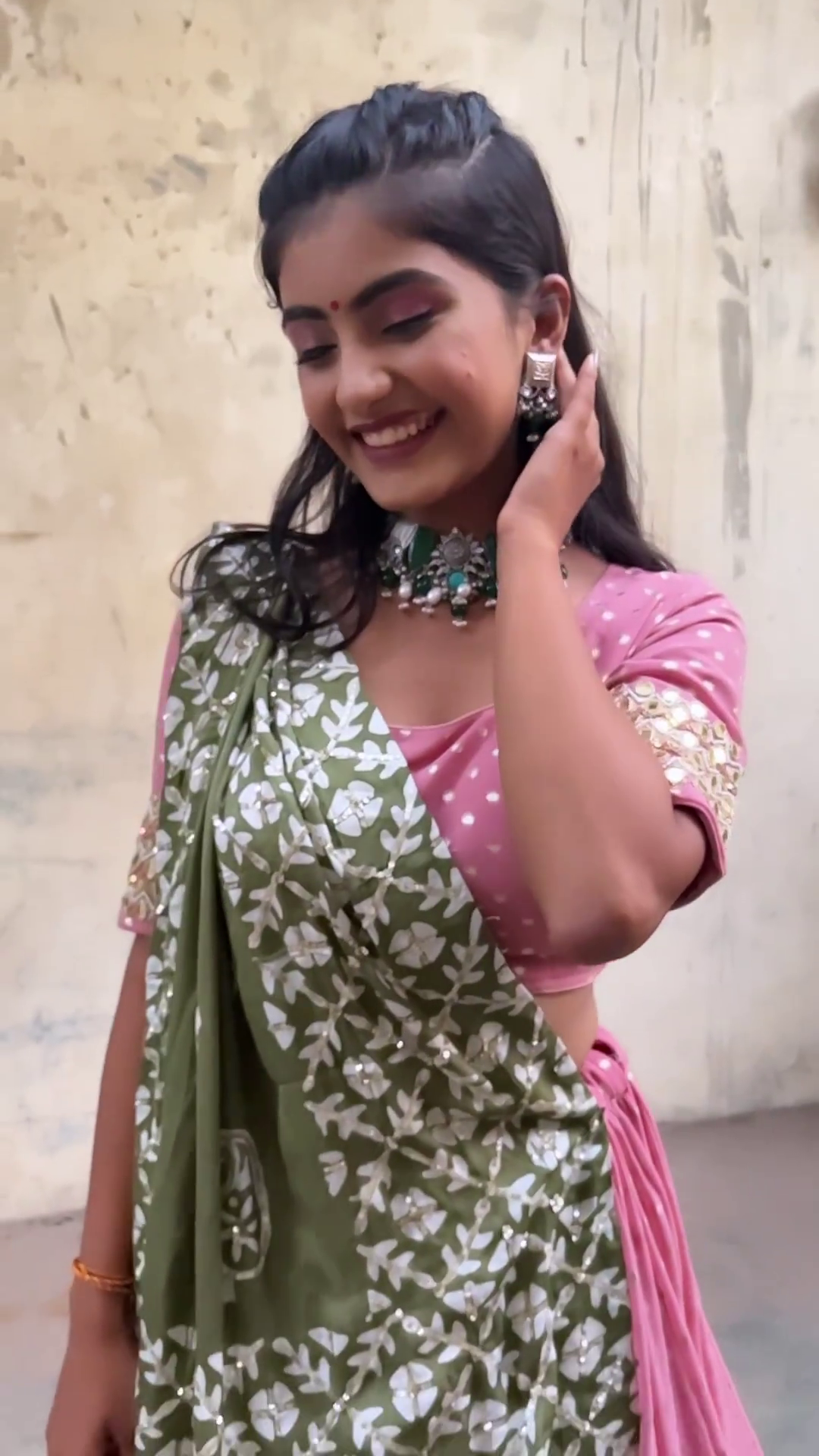Pink and Olive Green Ghaghra Choli Set with Printed Dupatta and Tassel Detailing – Elegant Traditional Wear for Navratri & Festive Celebrations