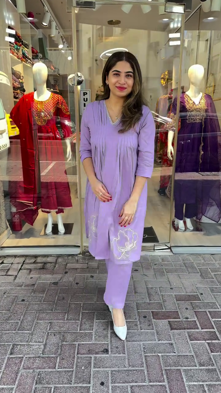 Graceful Lavender Cotton Kurta Set Featuring Elegant Pintuck Front Detailing and Delicate Floral Embroidery on Hem, Paired with Matching Straight Pants – A Soft and Sophisticated Look for Daily Elegance and Light Festive Wear