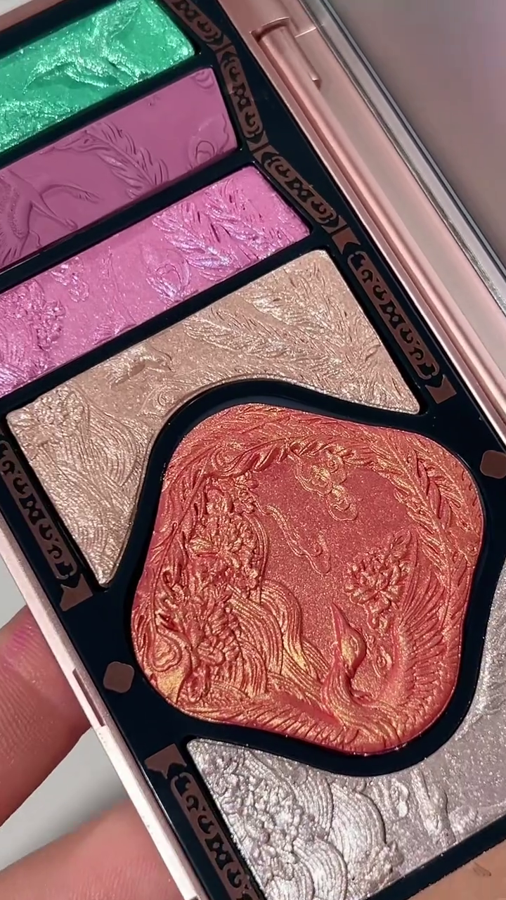 Exquisite Multicolor Highlighter and Eyeshadow Palette with Shimmery Green, Pink, Blue, and Bronze Shades for a Radiant Look
