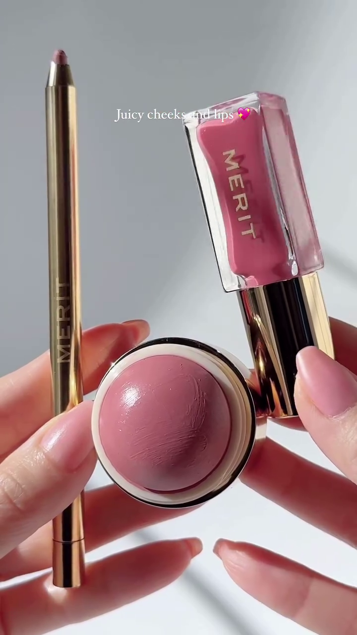Merit Juicy Cheeks and Lips Combo – Blush Stick, Lipstick, and Lip Liner for a Flushed and Radiant Look
