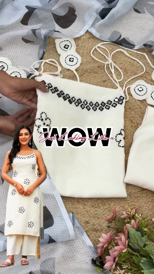 White & Black Floral Kurta Set – Sleeveless Design with Mirror Embroidery and Matching Dupatta