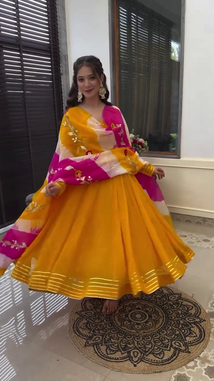 Vibrant Yellow and Pink Anarkali Dress with Floral Embroidered Dupatta – Traditional Ethnic Wear for Festive Occasions