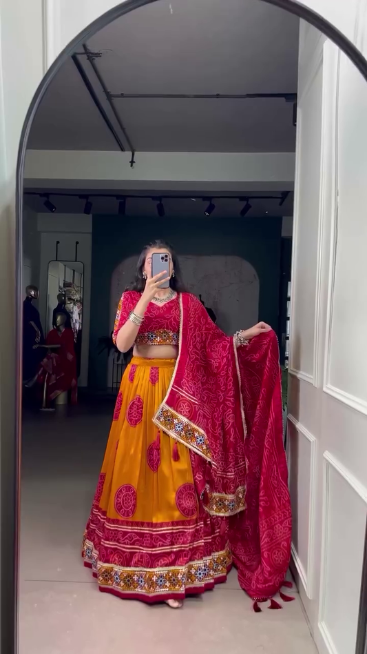 Traditional Indian Ethnic Wear Mirror Work Embroidered Lehenga Choli with Bandhani Printed Dupatta for Women