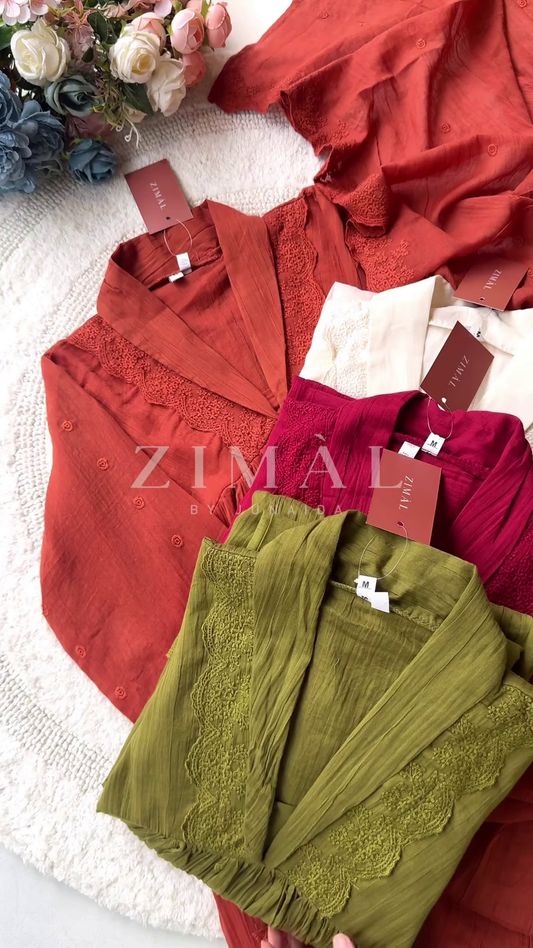 Women's Elegant Embroidered Tops Collection – Soft, Comfortable, and Versatile Blouses in Rich Colors (Rust, Off-White, Burgundy, Olive Green) with Lace Detailing and Tag for a Stylish Look