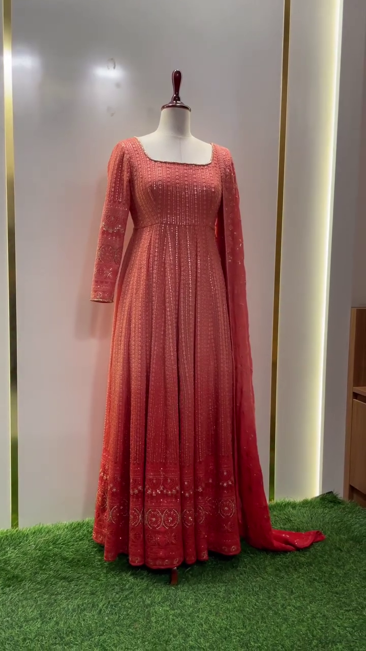 Coral Embroidered Anarkali Dress with Long Sleeves and Matching Dupatta – Perfect for Weddings, Festivities, and Special Occasions