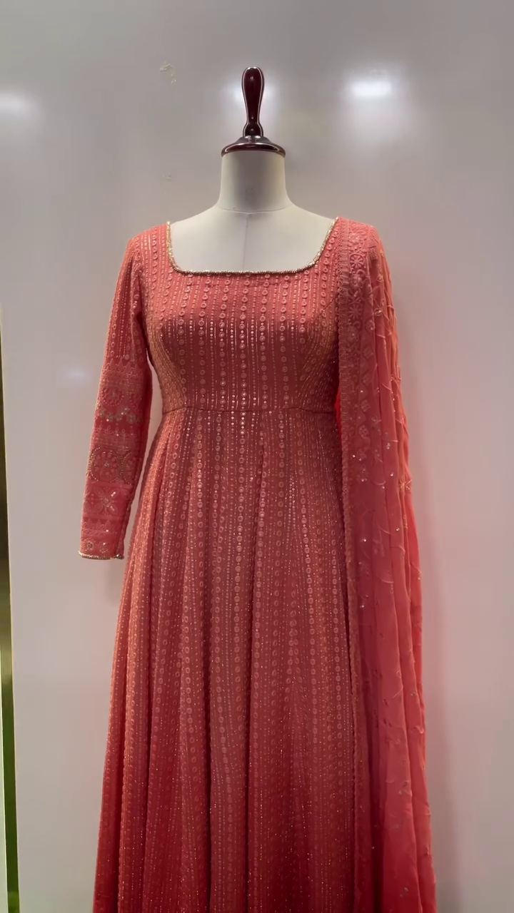 Coral Embroidered Anarkali Dress with Long Sleeves and Matching Dupatta – Perfect for Weddings, Festivities, and Special Occasions