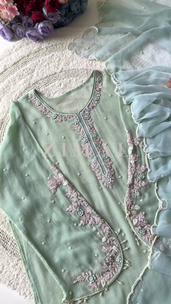 Elegant Pink and Light Green Ethnic Set – Embroidered Chiffon Top with Pearl and Floral Details, Paired with a Sheer Matching Dupatta for Festive Occasions