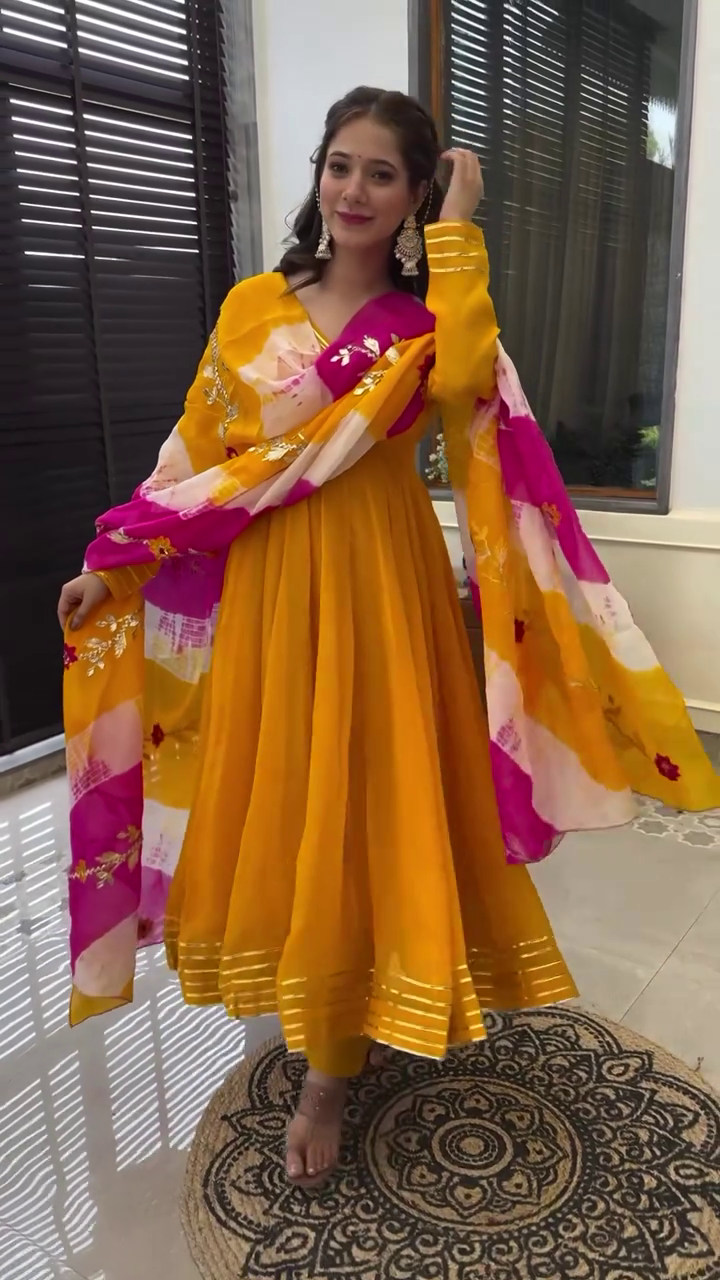 Vibrant Yellow and Pink Anarkali Dress with Floral Embroidered Dupatta – Traditional Ethnic Wear for Festive Occasions