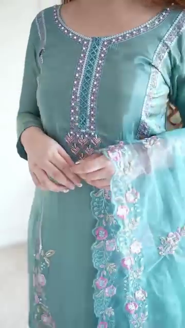 Blue Embroidered Anarkali Dress with Floral Detailing and a Light, Flowing Dupatta, Perfect for Elegant Daytime Events or Festive Gatherings