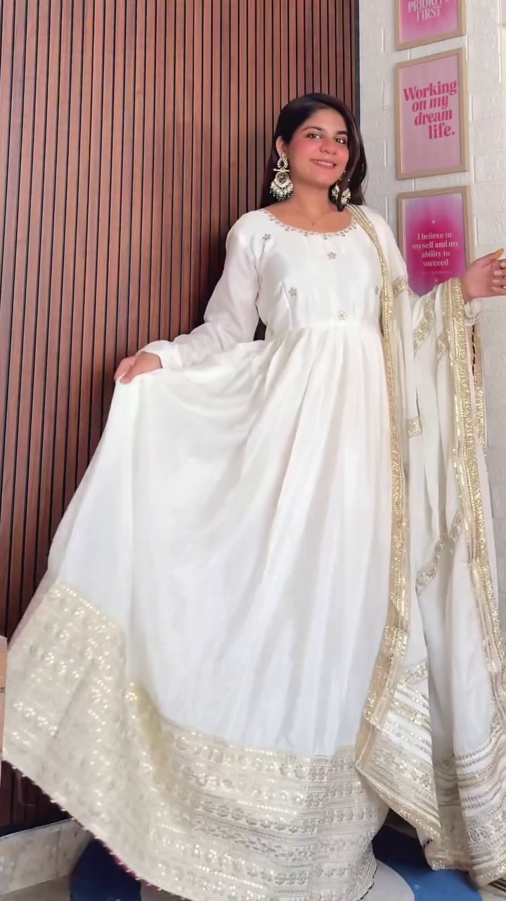 Graceful White Embroidered Anarkali Dress with Sequin Detailing and Matching Dupatta – Elegant and Chic Outfit for Weddings and Festive Occasions