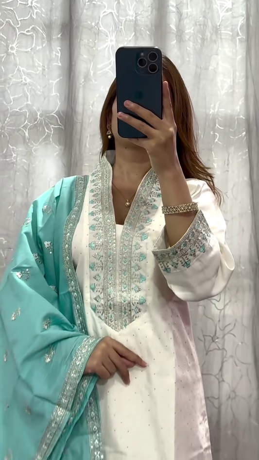 White and Aqua Blue Embroidered Lawn Kameez with Intricate Floral and Geometric Designs, Complemented with a Matching Embroidered Dupatta and Tapered Trouser