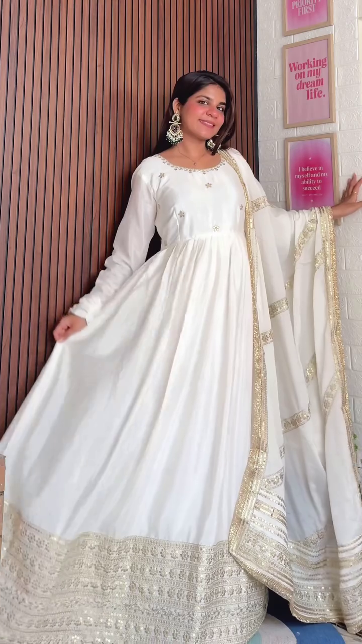 Graceful White Embroidered Anarkali Dress with Sequin Detailing and Matching Dupatta – Elegant and Chic Outfit for Weddings and Festive Occasions