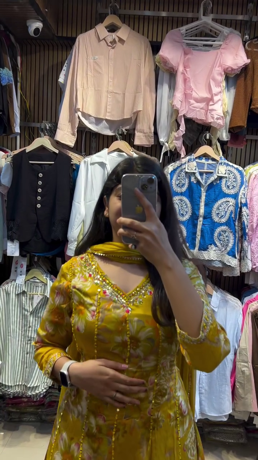Yellow Floral Embroidered Anarkali Suit with Matching Dupatta and Elegant Detailing – Perfect for Traditional Celebrations and Festive Occasions