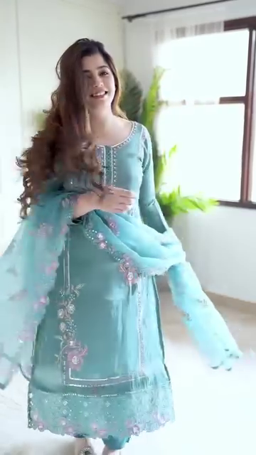 Blue Embroidered Anarkali Dress with Floral Detailing and a Light, Flowing Dupatta, Perfect for Elegant Daytime Events or Festive Gatherings