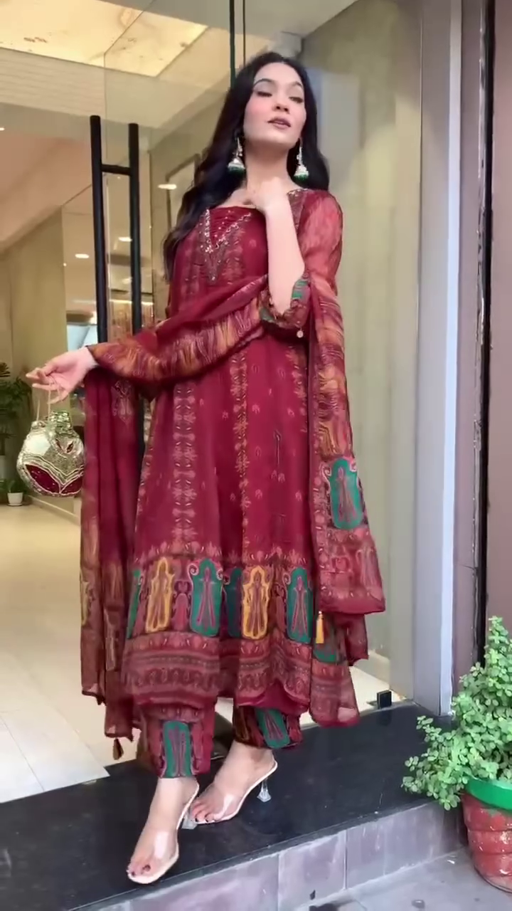 Maroon Kurta Set with Intricate Traditional Prints and Embroidery, Paired with a Flowing Dupatta and Stylish Churidar for a Chic, Festive Look