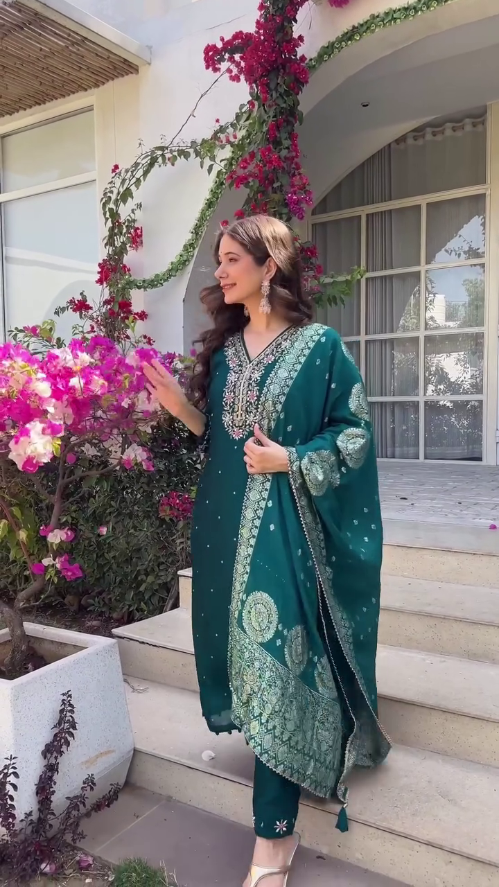 Elegant Teal Green Anarkali Suit with Intricate Embroidery and Matching Dupatta – Perfect for Weddings, Festive Occasions