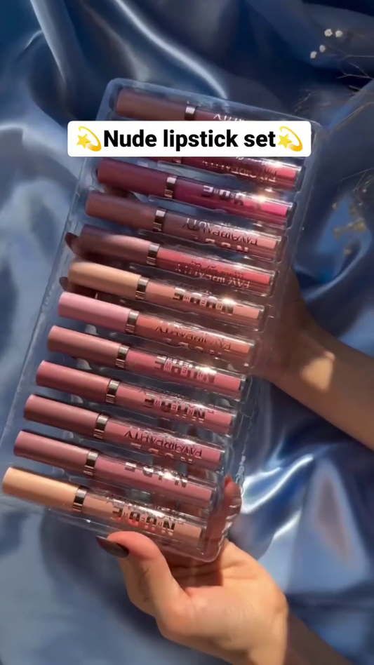 12-Piece Nude Lipstick Set in Various Shades for a Natural and Chic Look