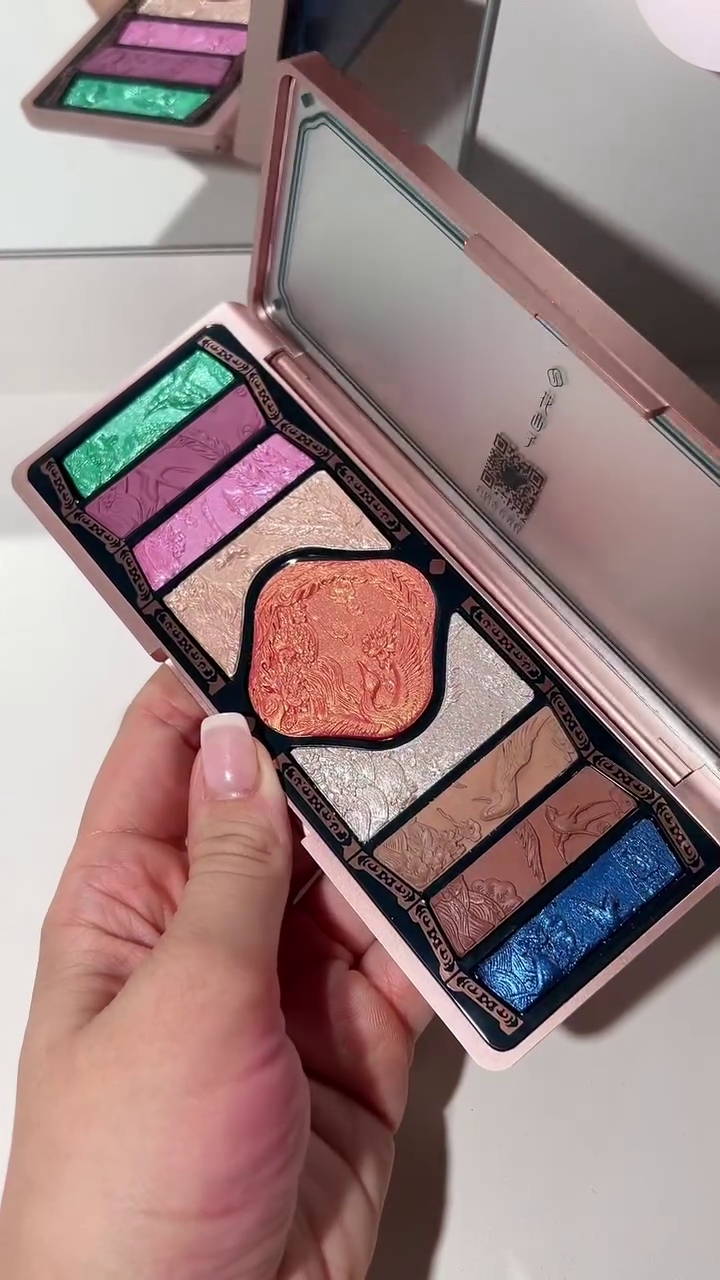 Exquisite Multicolor Highlighter and Eyeshadow Palette with Shimmery Green, Pink, Blue, and Bronze Shades for a Radiant Look