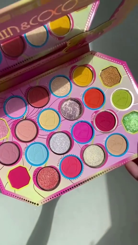 Vibrant 24-Shade Eyeshadow Palette by KEUN & COCO – A Colorful Mix of Matte, Shimmer, and Glitter in Bold Pinks, Yellows, Greens, and Blues for Creative Looks
