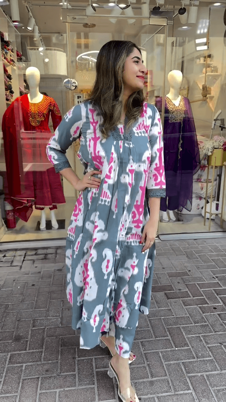 Elegant Gray and Pink Floral Printed Long Tunic with Embellished Sleeves and Comfortable Fit for Effortless Style