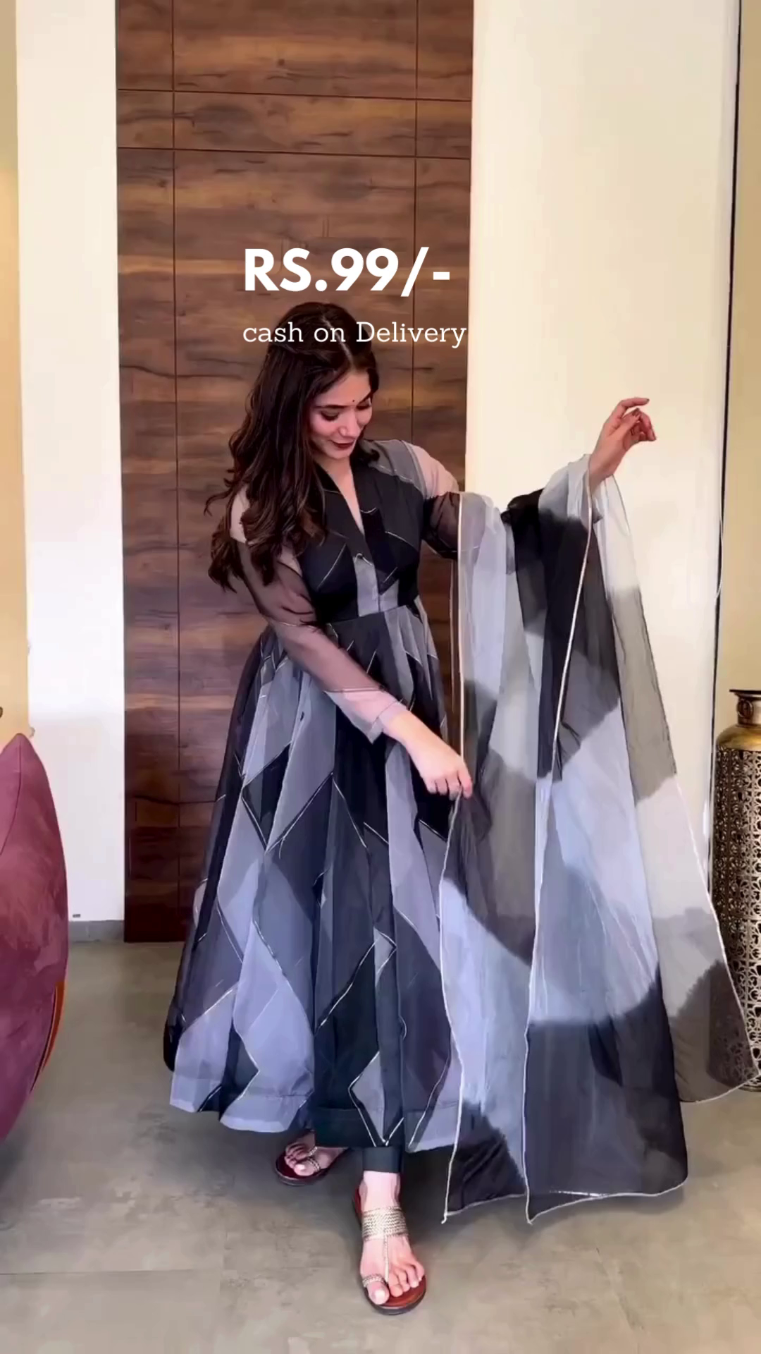 Black and Grey Geometric Pattern Anarkali Gown with Sheer Full Sleeves and Matching Dupatta – Perfect for Festive, Party, or Ethnic Occasions with Comfortable Fit and Flowing Silhouette