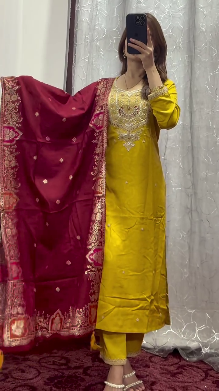 Festive Mustard Yellow Silk Suit Set with Heavy Mirror & Thread Embroidery – Paired with Rich Maroon Banarasi Dupatta
