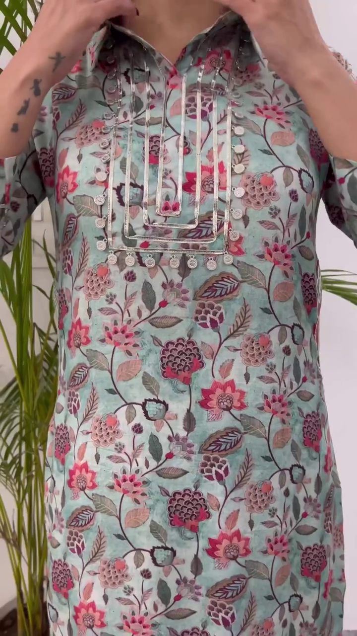 Elegant Mint Green Floral Printed Cotton Kurta Set for Women with Silver Coin Detailing, Mandarin Collar, and Tapered Pants – Perfect for Casual and Festive Occasions