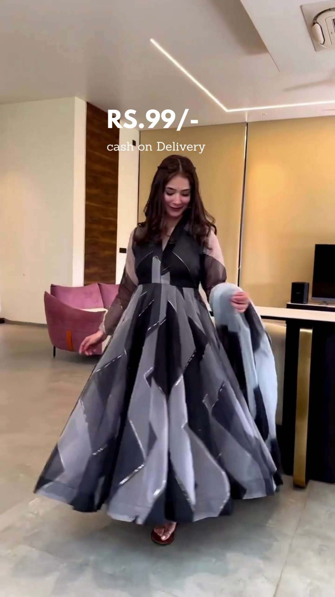 Black and Grey Geometric Pattern Anarkali Gown with Sheer Full Sleeves and Matching Dupatta – Perfect for Festive, Party, or Ethnic Occasions with Comfortable Fit and Flowing Silhouette