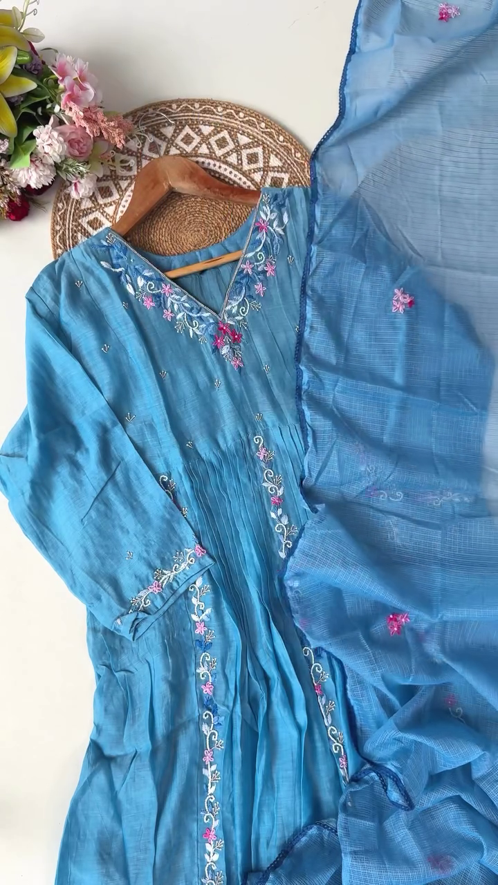 "Graceful Sky Blue Cotton Suit Set with Delicate Floral Thread Embroidery and Lightweight Dupatta – Ideal for Casual Wear