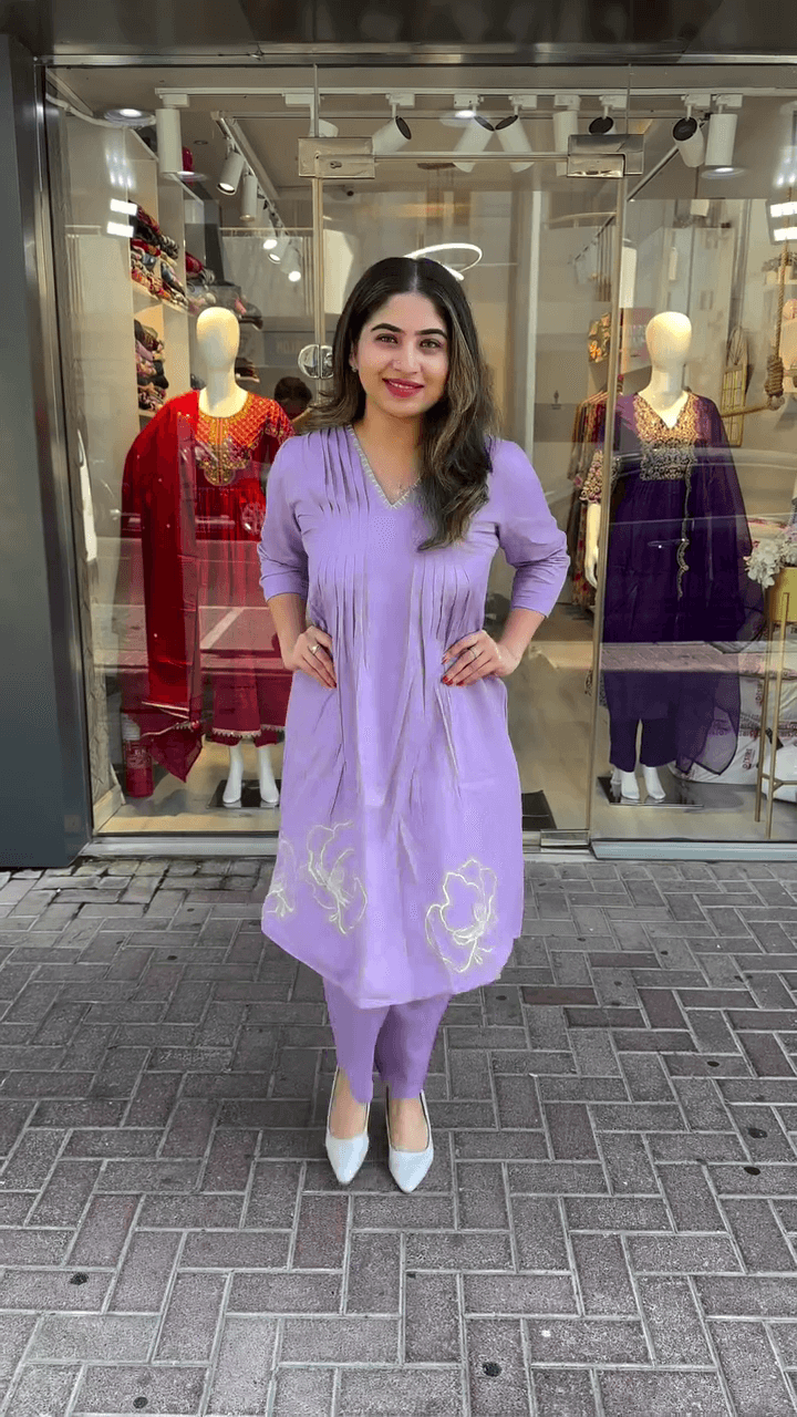Elegant Lavender Pleated Kurti with Floral Embroidery and V-neck Design for a Stylish Traditional Look