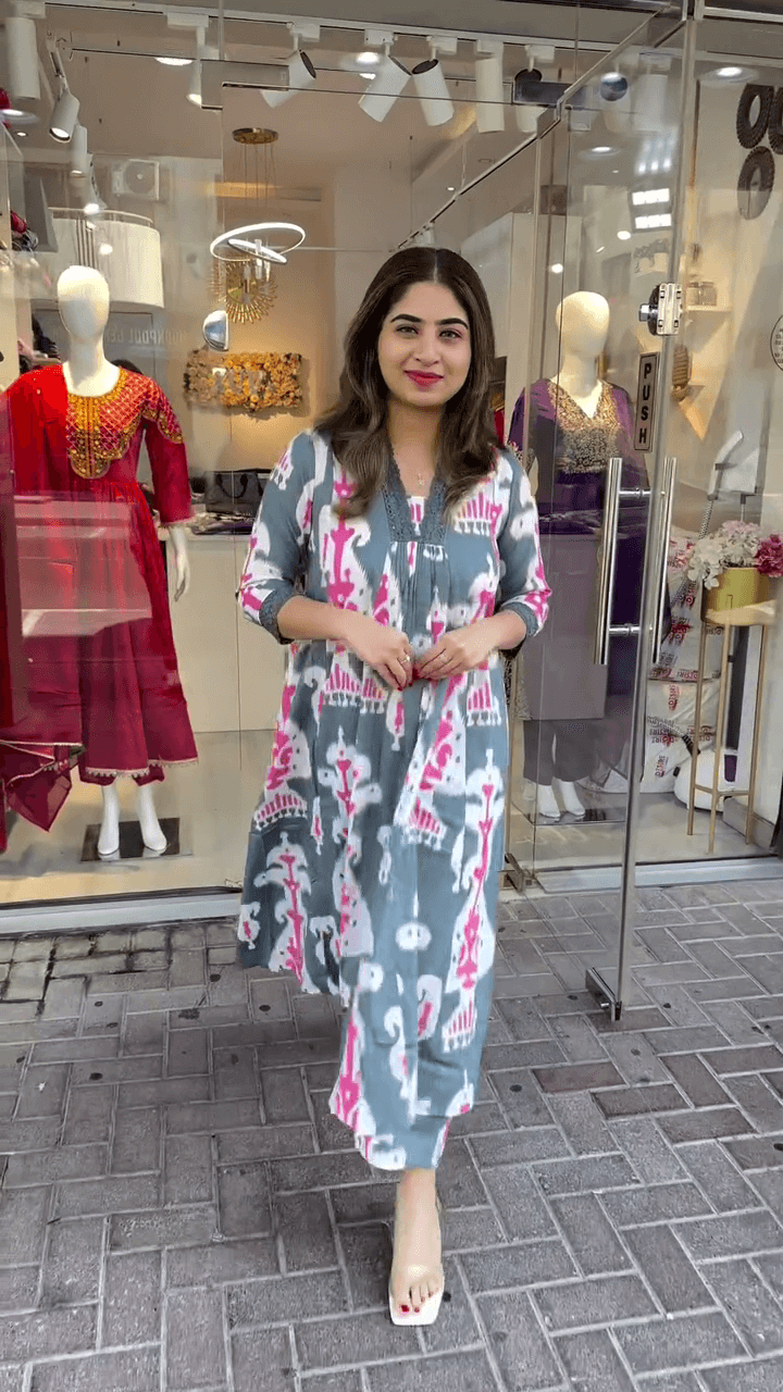 Elegant Gray and Pink Floral Printed Long Tunic with Embellished Sleeves and Comfortable Fit for Effortless Style