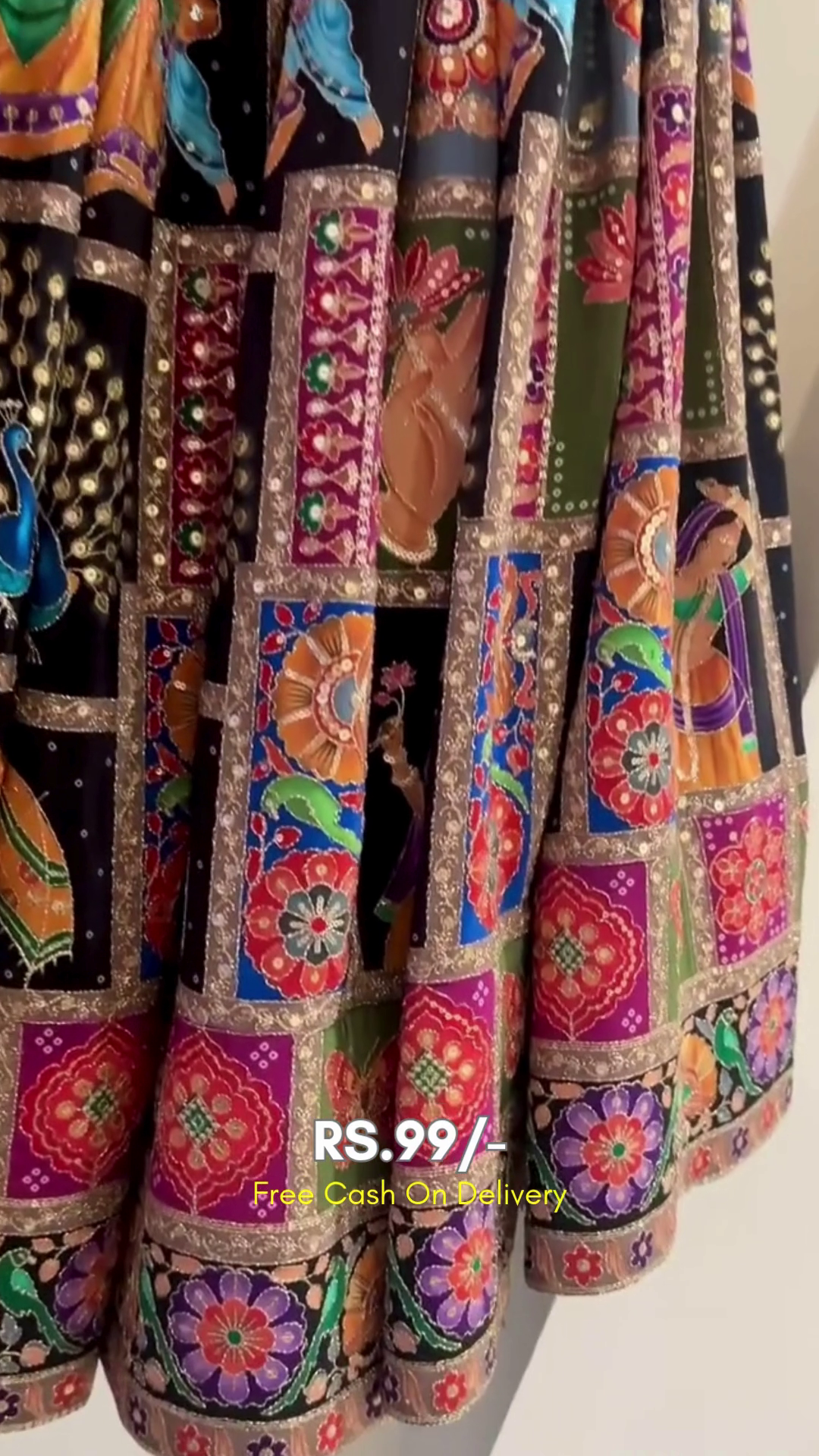 Exquisite Traditional Handcrafted Lehenga Choli Set Featuring Vibrant Multicolored Folk Art Motifs with Mirror and Bead Embellishments, Enhanced with Ethnic Dance and Peacocks, Ideal for Festive Celebrations and Weddings