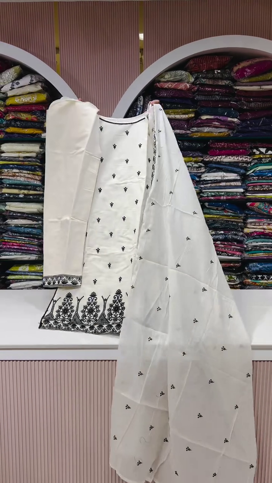 White and Black Embroidered Cotton Suit Set with Dupatta – Elegant Daily & Festive Wear for Women