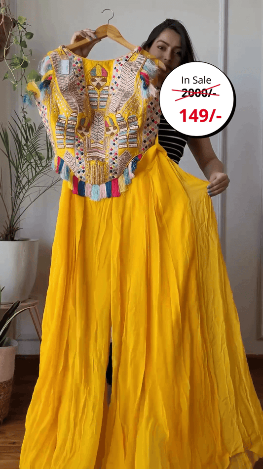Yellow Gown for Women, Georgette Designer Gown for Haldi Ceremony