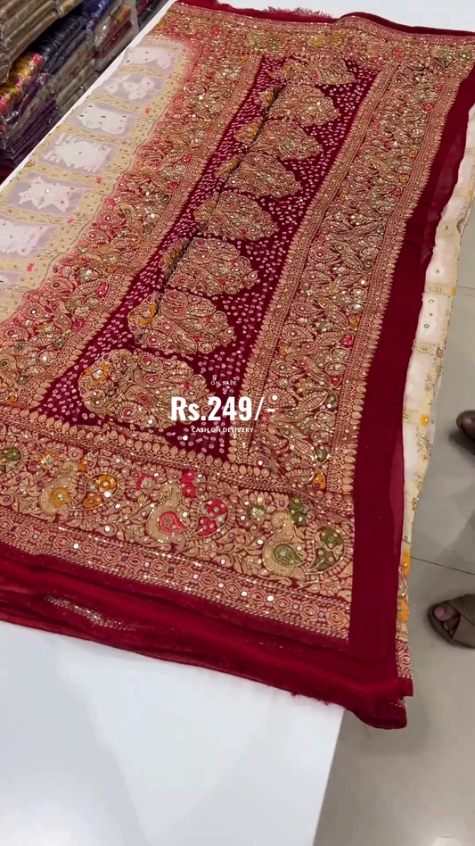 Beige Red Gharchola Hand Embroidery Saree