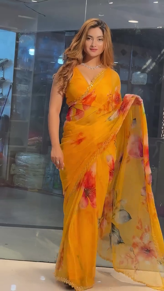 amazing Flower Print Border Orange Pure Organza Saree for every wedding function
