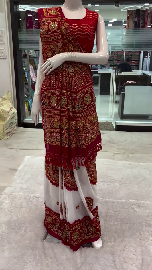 White and red color bandhej bandhani saree with zari weaving work for every traditional occasion