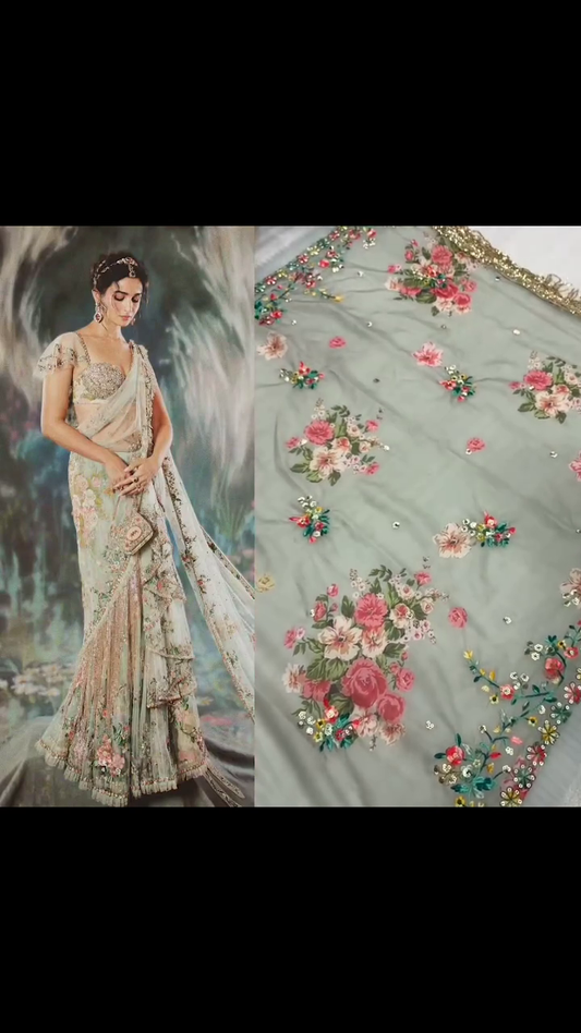 Women's Net Floral Embroidery Mirror work Saree with Blouse Piece