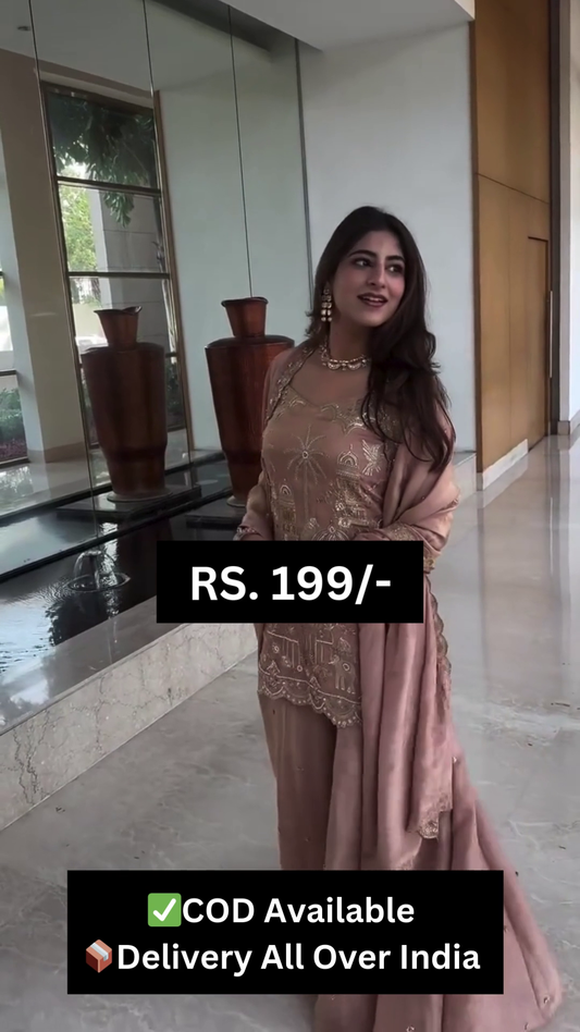 Heavy Cream Color Faux Georgette Embroidered Kurta with Sharara Palazzo And Dupatta Set