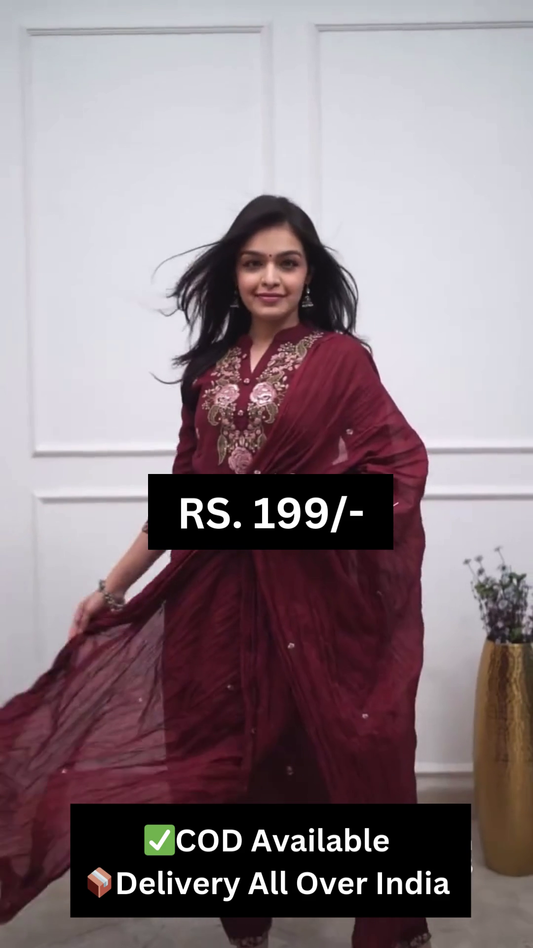 Pure Cotton Embroidery Work Women Straight Kurta With Pant Dupatta Set
