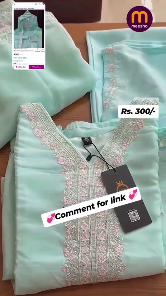 Mint Green Embroidered Cotton Suit Set Delicate Floral Detailing with Dupatta and pant for every traditional functions