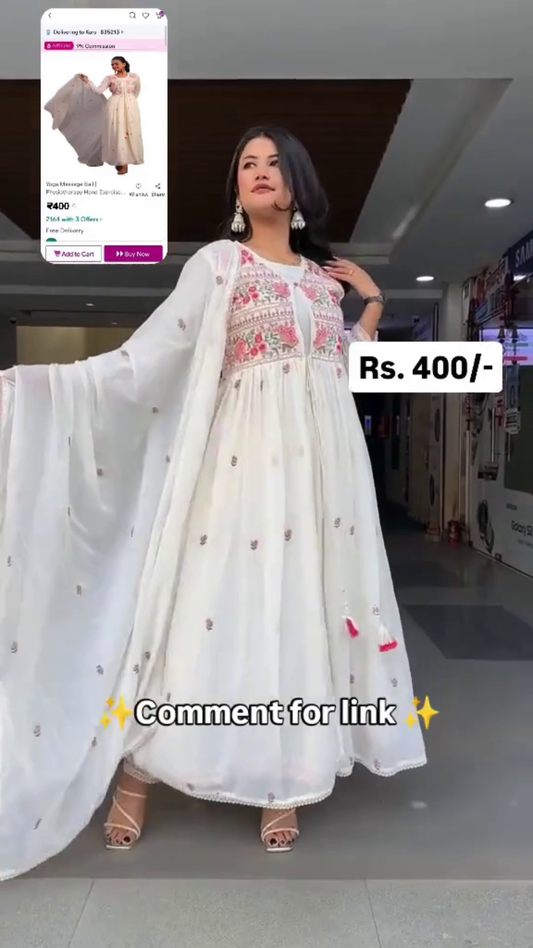 Graceful White Foix Georgette Thread Sequence Anarkali Salwar Suit with Dupatta for every marriage function